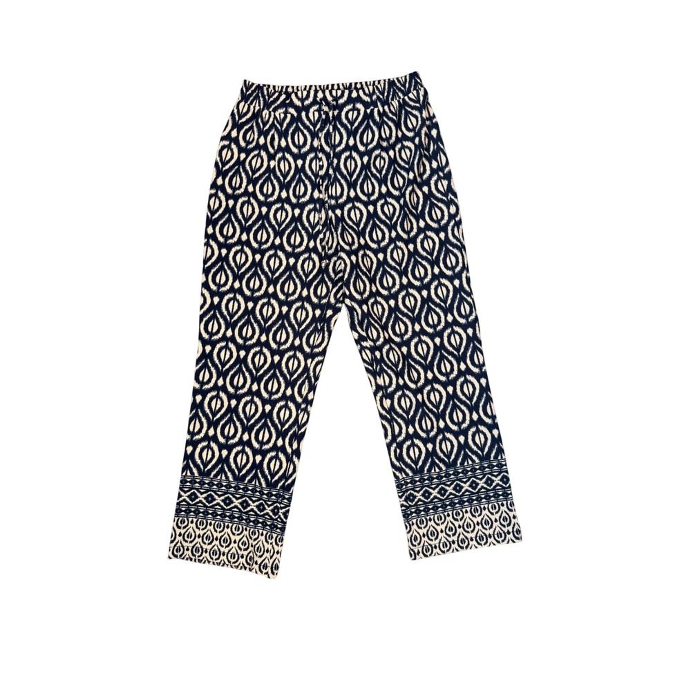 SOHO Apparel Ltd PM Navy Cream Ikat‎ Print Wide Leg Cropped Pants Women